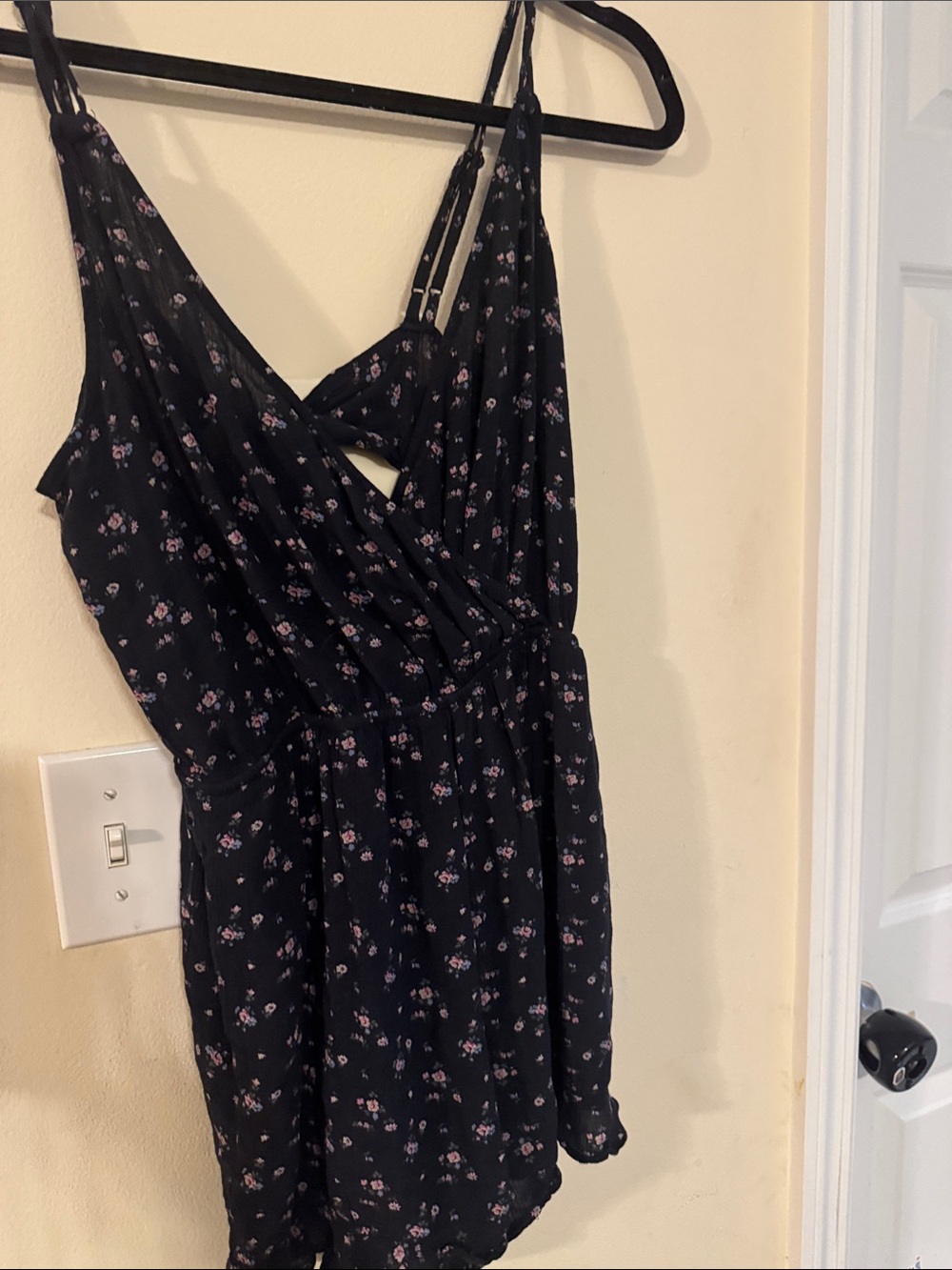 American Eagle Outfitters Black Floral Wrap Romper with Pink Flowers